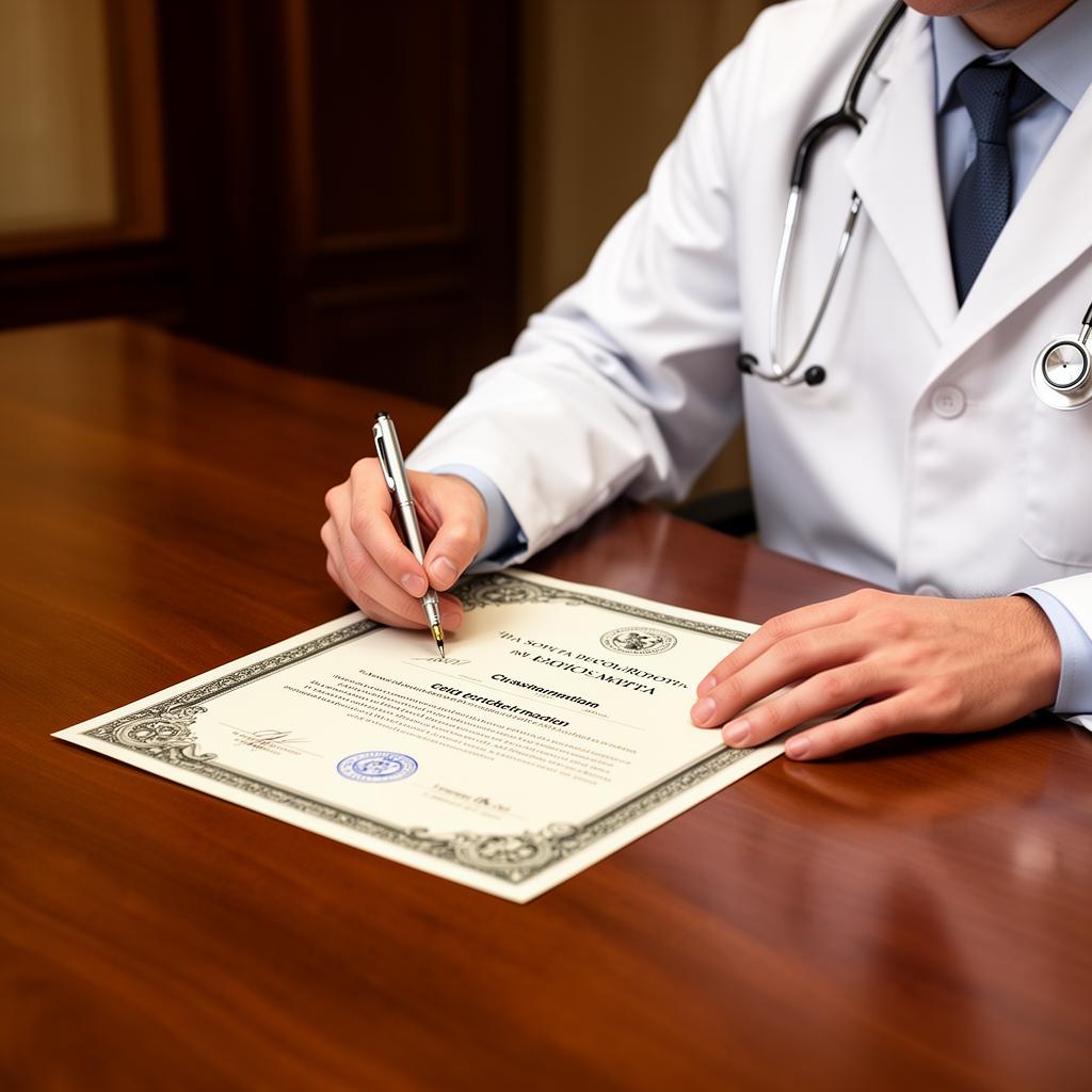 Médico firmando diploma de recertificación